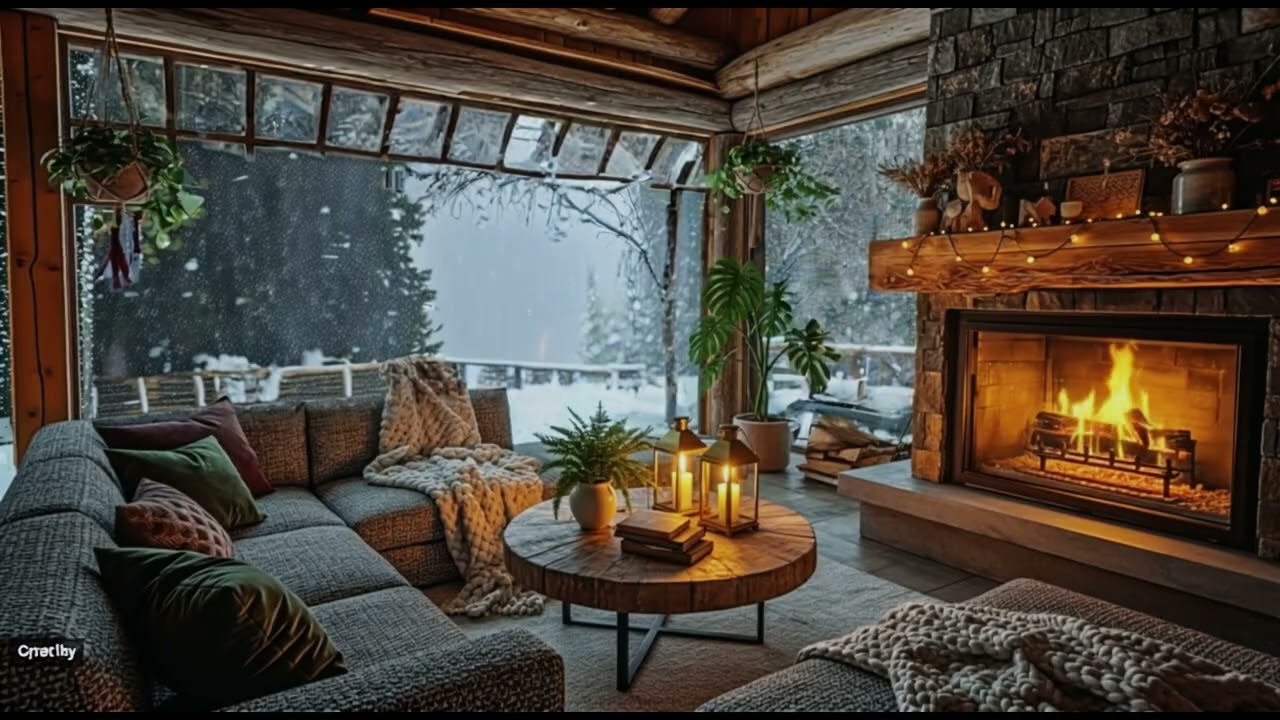 Cozy Winter Night ❄️ Crackling Fireplace & Soft Piano | Snowstorm Outside