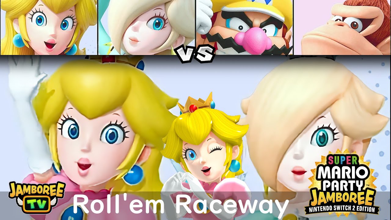 Super Mario Party Jamboree Peach and Rosalina vs Wario and Donkey Kong in Roll'em Raceway