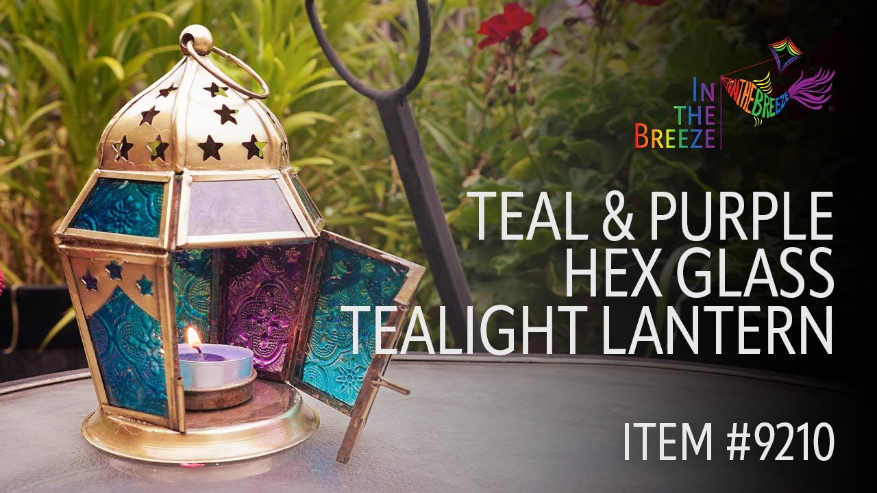 Teal & Purple Hex Glass Tealight Lantern | Wholesale Garden D&eacute;cor | In the Breeze