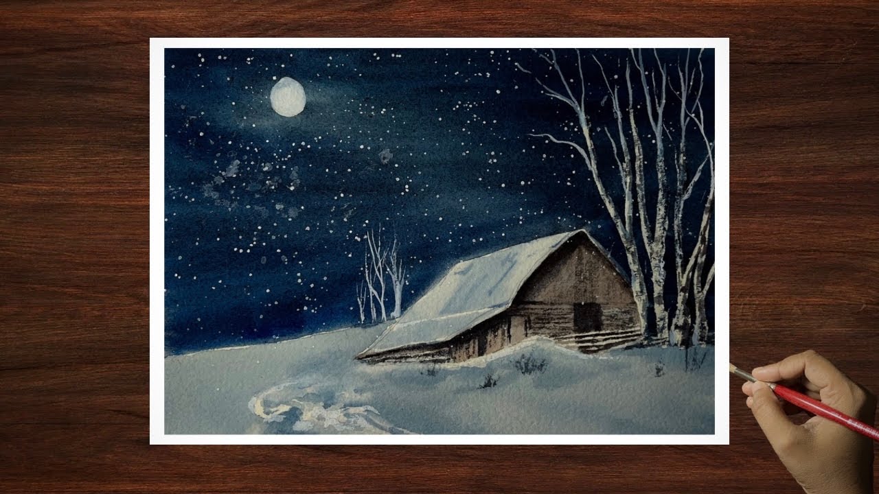 Snowy Night | Watercolor Winter Landscape Painting 