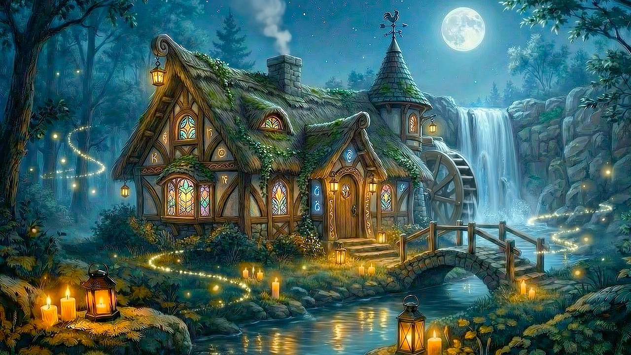 Lofi Celtic Cottage Study Music | Acoustic Guitar & Water Wheel & Real Waterfall