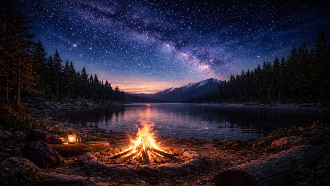 Starry Night Campfire by the Lake 🔥Fire, Forest & Water Sounds for Sleep and Relaxation