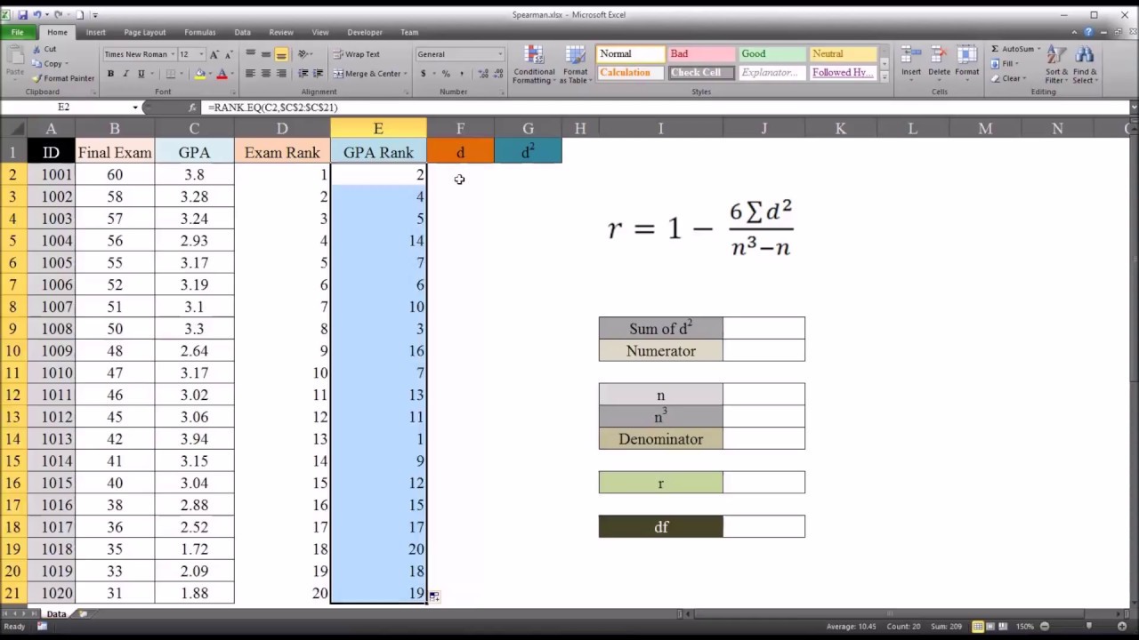 Spearman's Rank Correlation Coefficient in Excel