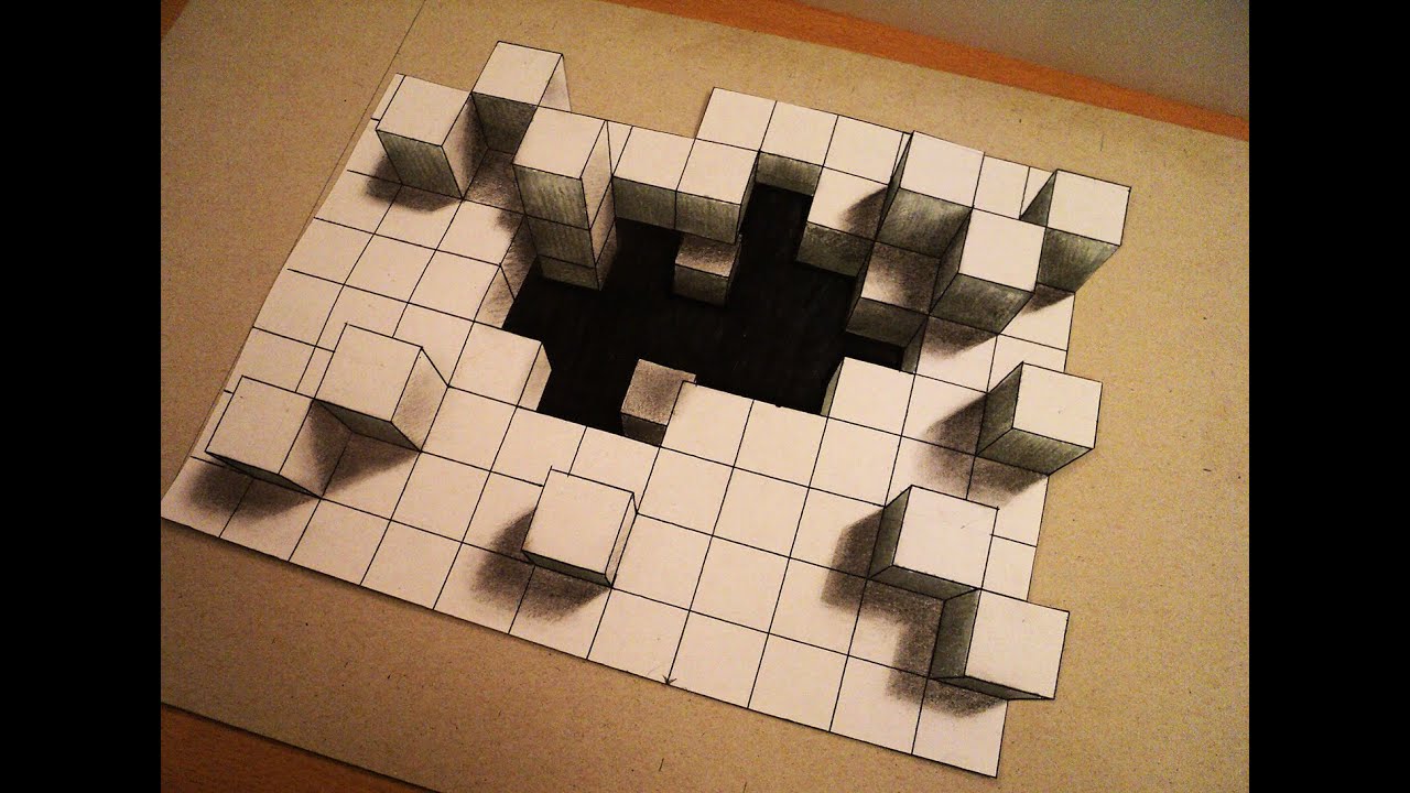 How to draw -  deep hole from 3d cubes - one point perspective - Optical illusion