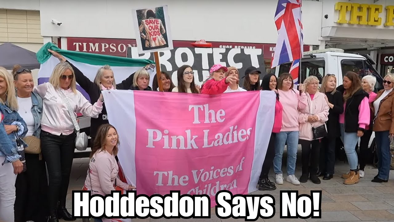 Hoddesdon says no! Protest at the clock tower with the Pink Ladies.