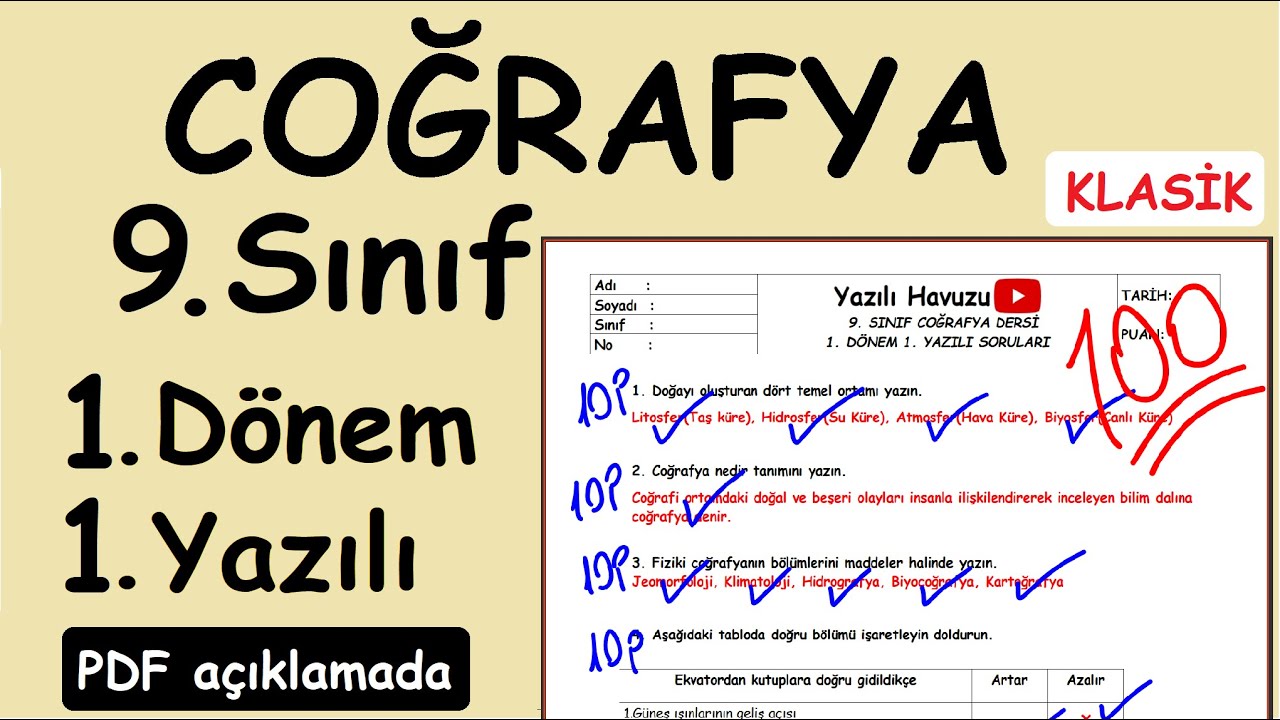 Coğrafya Dersi 9. Sınıf 1. Dönem 1. Yazılı Soruları Klasik (Yazılının PDF si açıklamada) 2022/2023