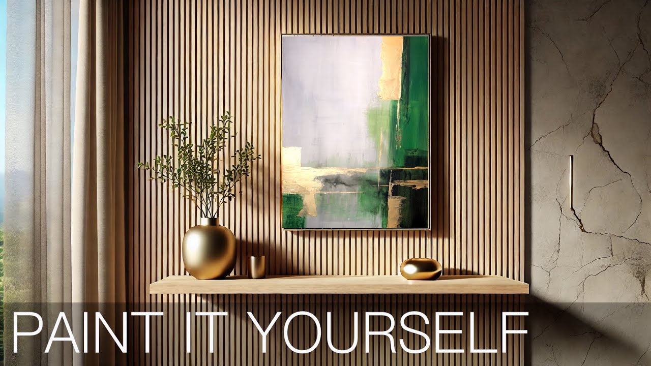 Easy Minimalistic Acrylic Abstract Painting Tutorial | Beautiful Green & Gold Step-by-step