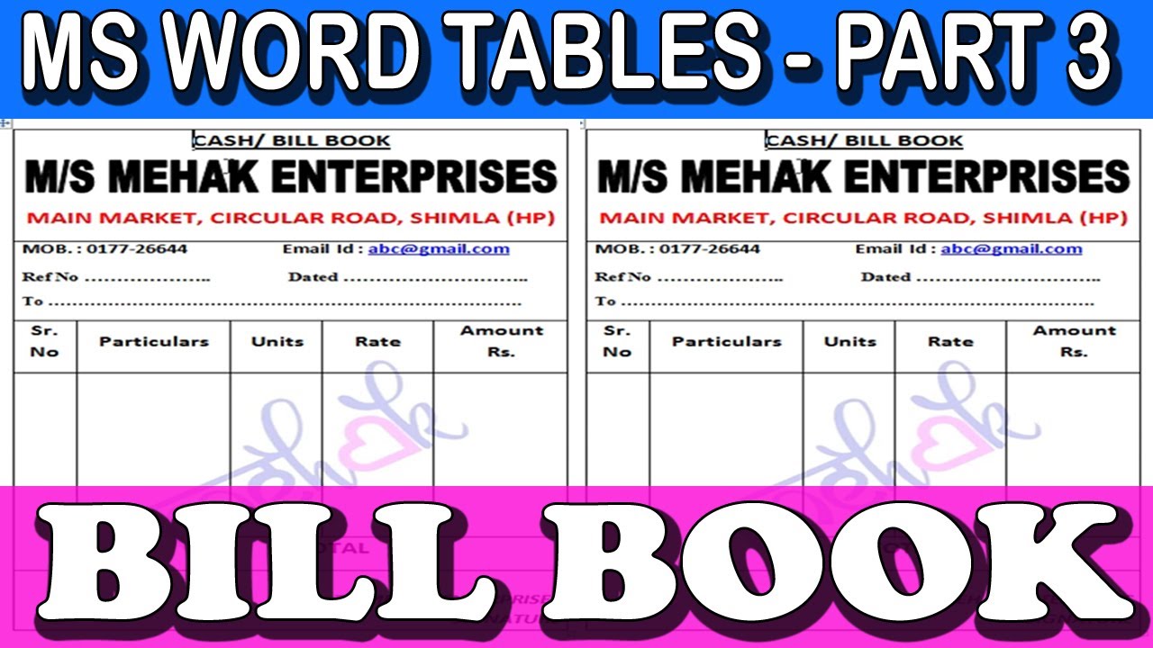 PART 3 - HOW TO MAKE BILL BOOK USING TABLES || BILL BOOK KAISE BANAYE MS WORD MAIN