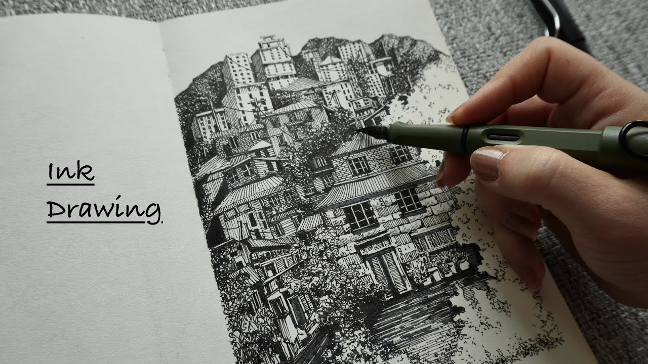 Ink drawing in sketchbook with fountain pen | ASMR VIDEO