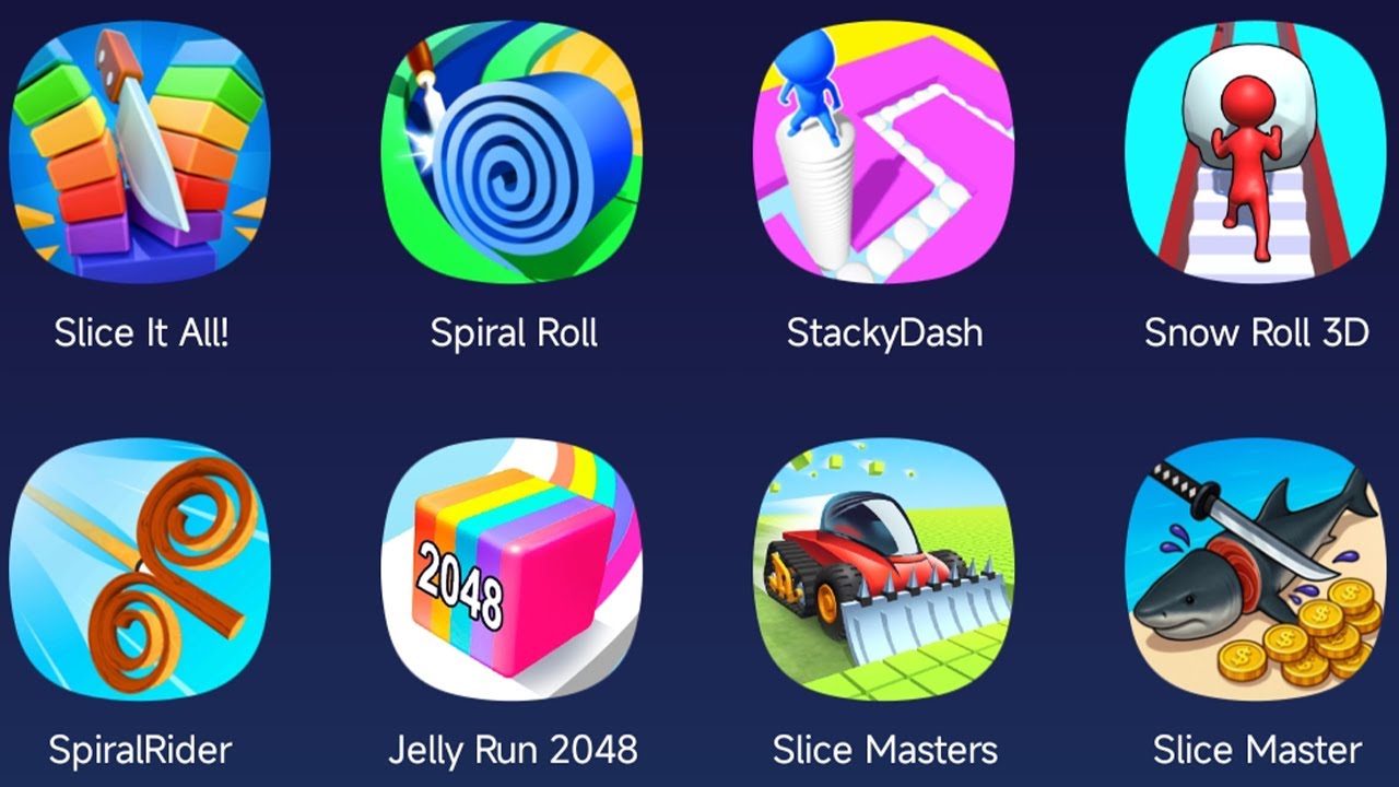 Slice It All,Spiral Roll,Jelly Run 2048,Slice Masters,Snow Roll 3D,Stacky Dash,Spiral Rider