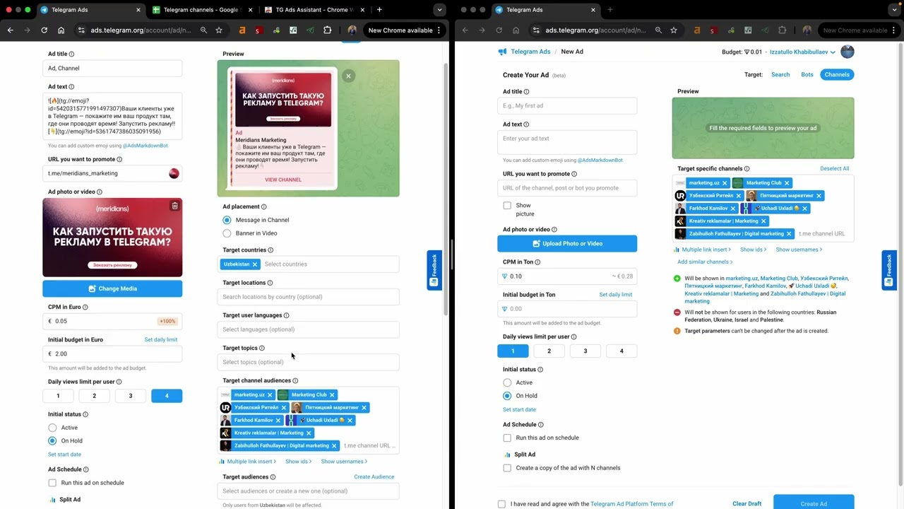 Telegram Ads: Users Targeting - EUR vs TON kabinet farqlari
