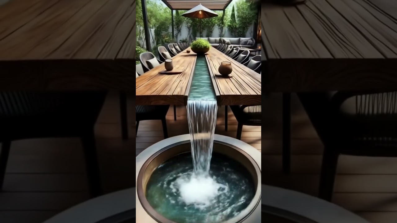 Luxury Outdoor Dining Table with Flowing Waterfall Design | Modern Garden Inspiration