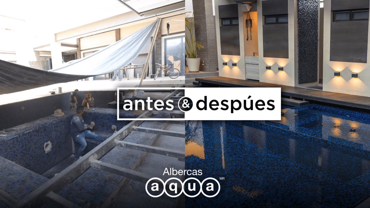 Antes y después de piscina con MOSAICO OBSCURO | Albercas Aqua