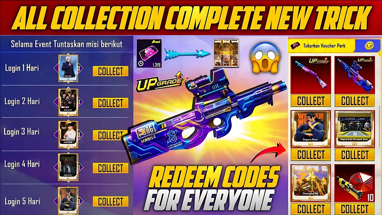 Free Upgraded Gun | All Collection Cards Completely New Trick | New Redeem Codes For Everyone |PUBGM