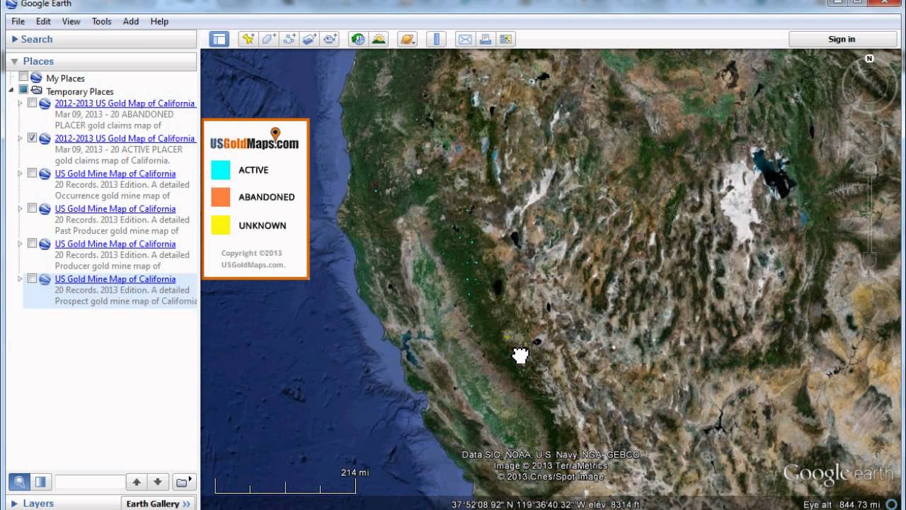 US Gold Maps&trade; FREE Download Demo for USGM Quad-View & Active & Abandoned Placer Maps for 2013