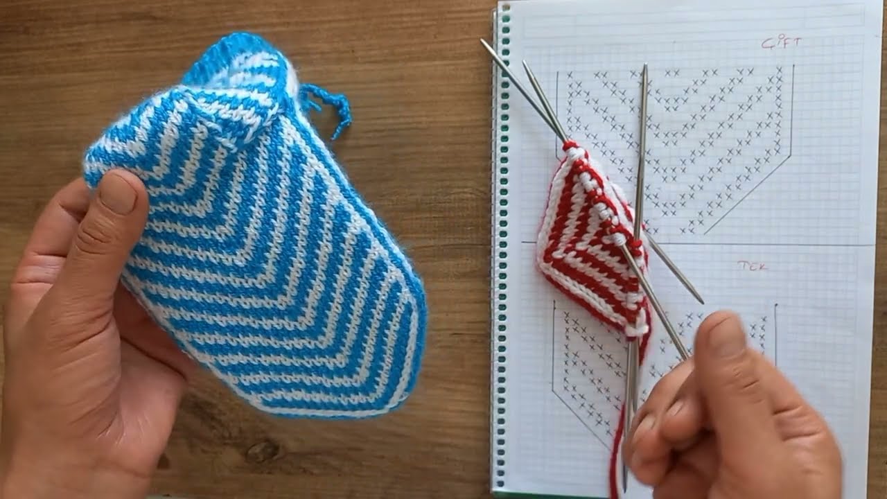 5 şiş örgü çorap ve patikler için tabandaki V şeklinin işleyişi #handmade #knitting #design #crochet