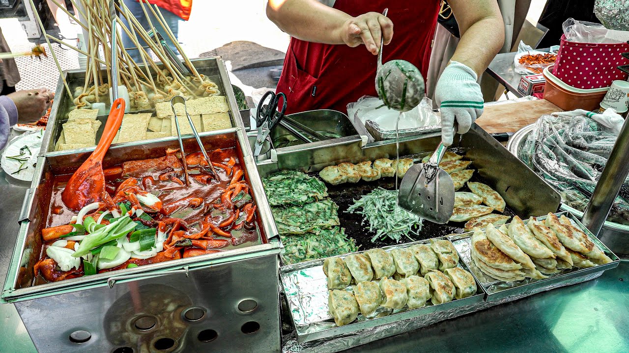 Бусан продовольственные столы, Pajeon & tteokbokki & sundae, Уличная еда в Кореи