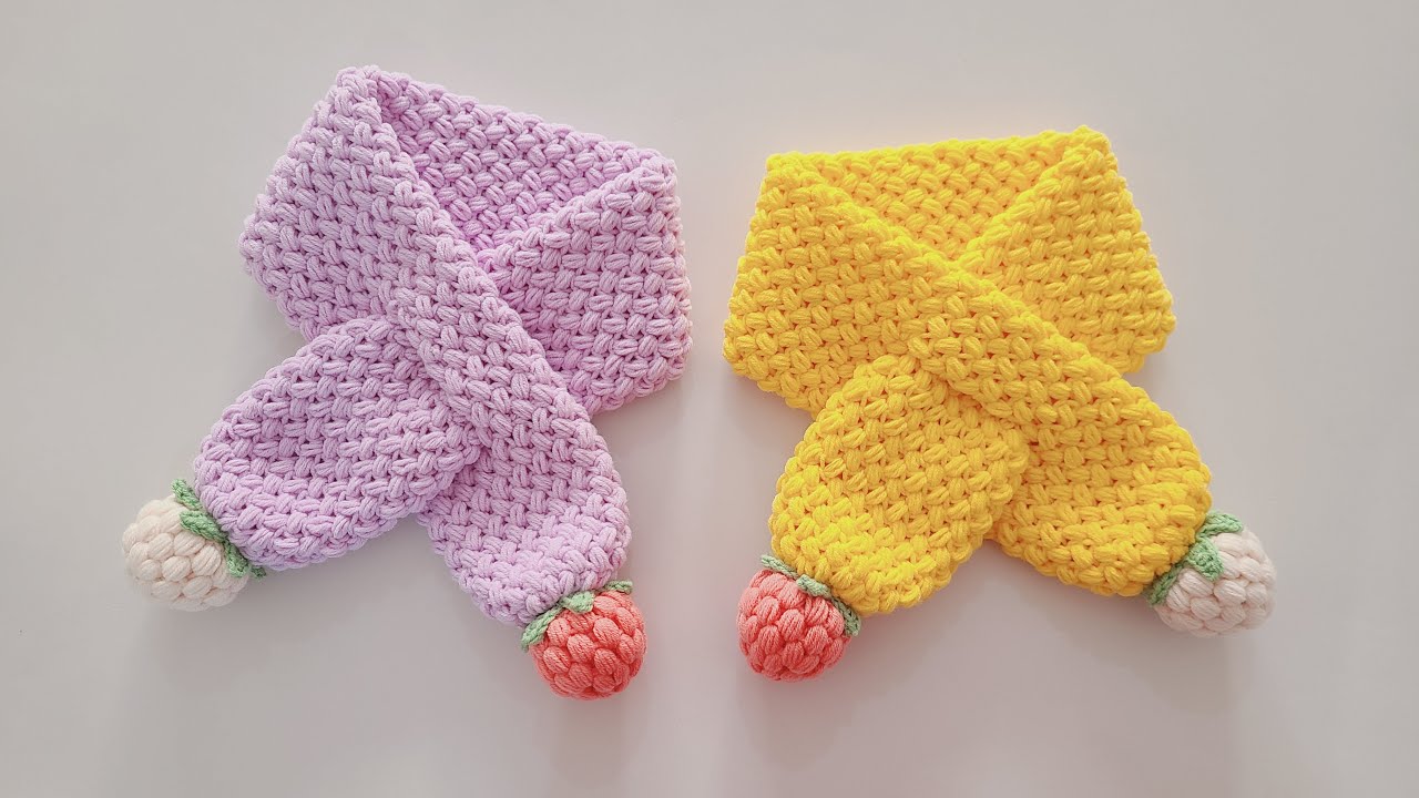 软糖草莓派！钩针交叉围脖，双层保暖小围巾