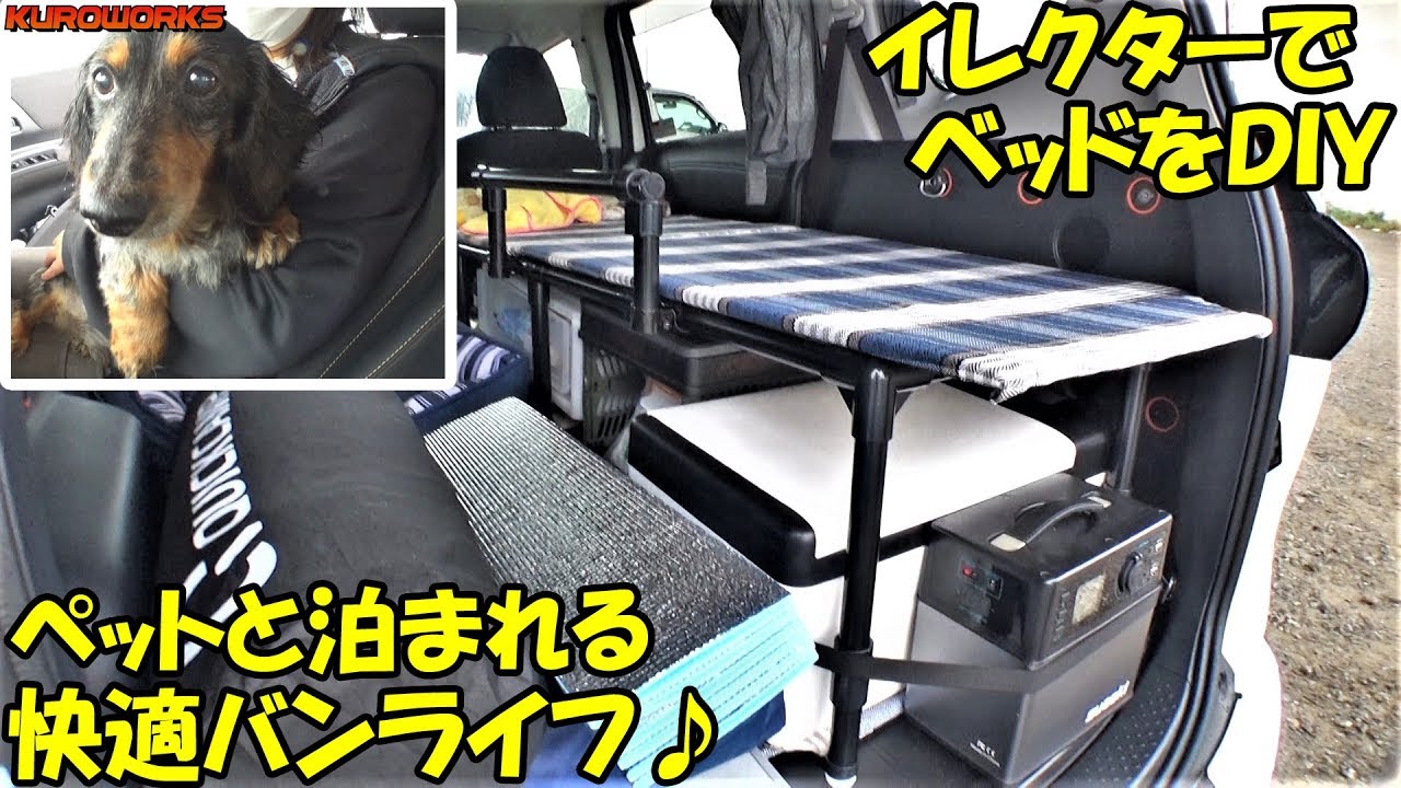 ペットと快適車中泊♪拡張性抜群の内装とイレクターの自作ベッドに感動♪
