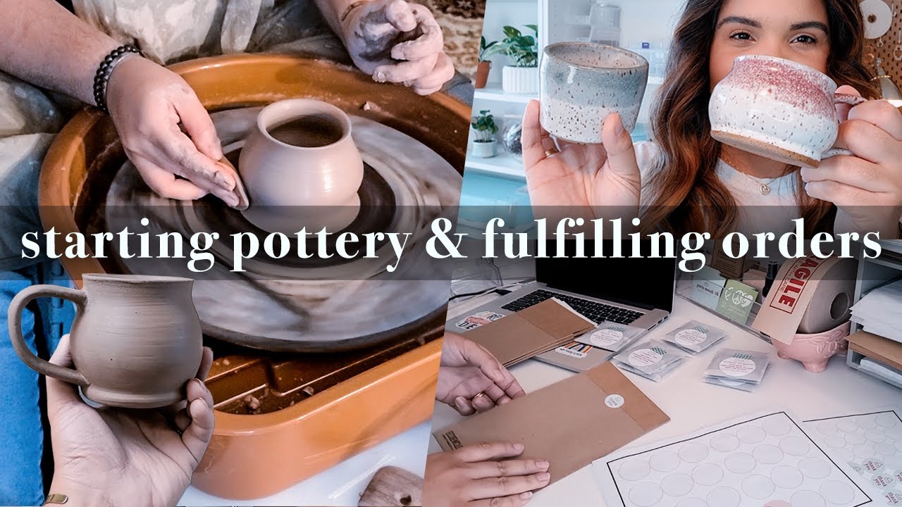 starting my pottery journey, wheel throwing at home, hand stamping & packing orders | studio vlog 47