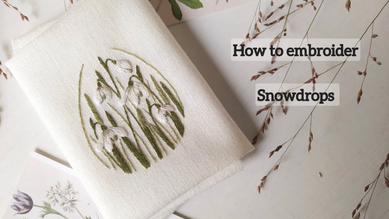 How to embroider snowdrops. Embroidery process. Long and short stitches