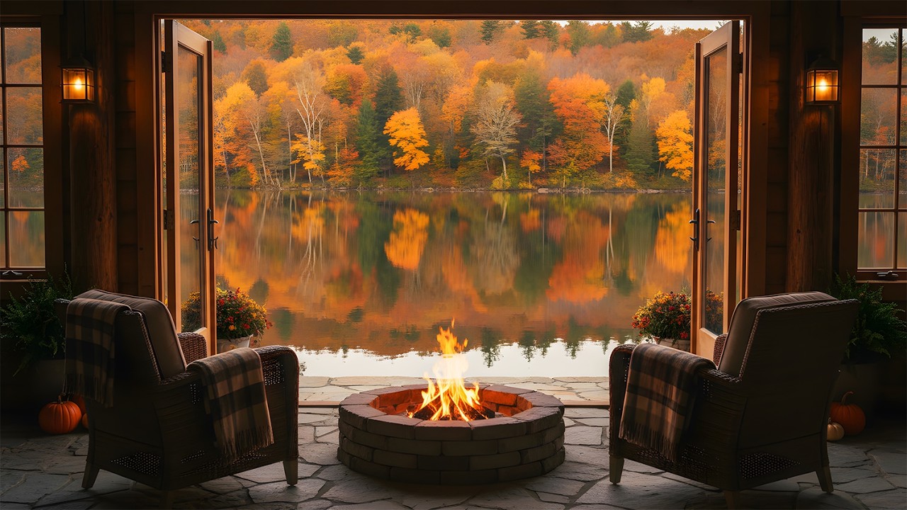 Cozy Autumn Lake Cabin: Warm Fireplace & Golden Forest Reflection ASMR