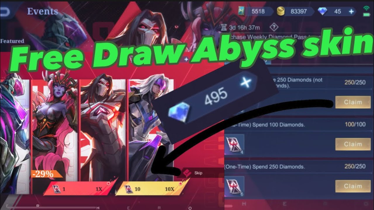 PART 1 FREE TOKENS DRAW ABYSS SKINS WITH DIAMONDS 495 FREE EVENTS FREE SKINS CAN I GET?