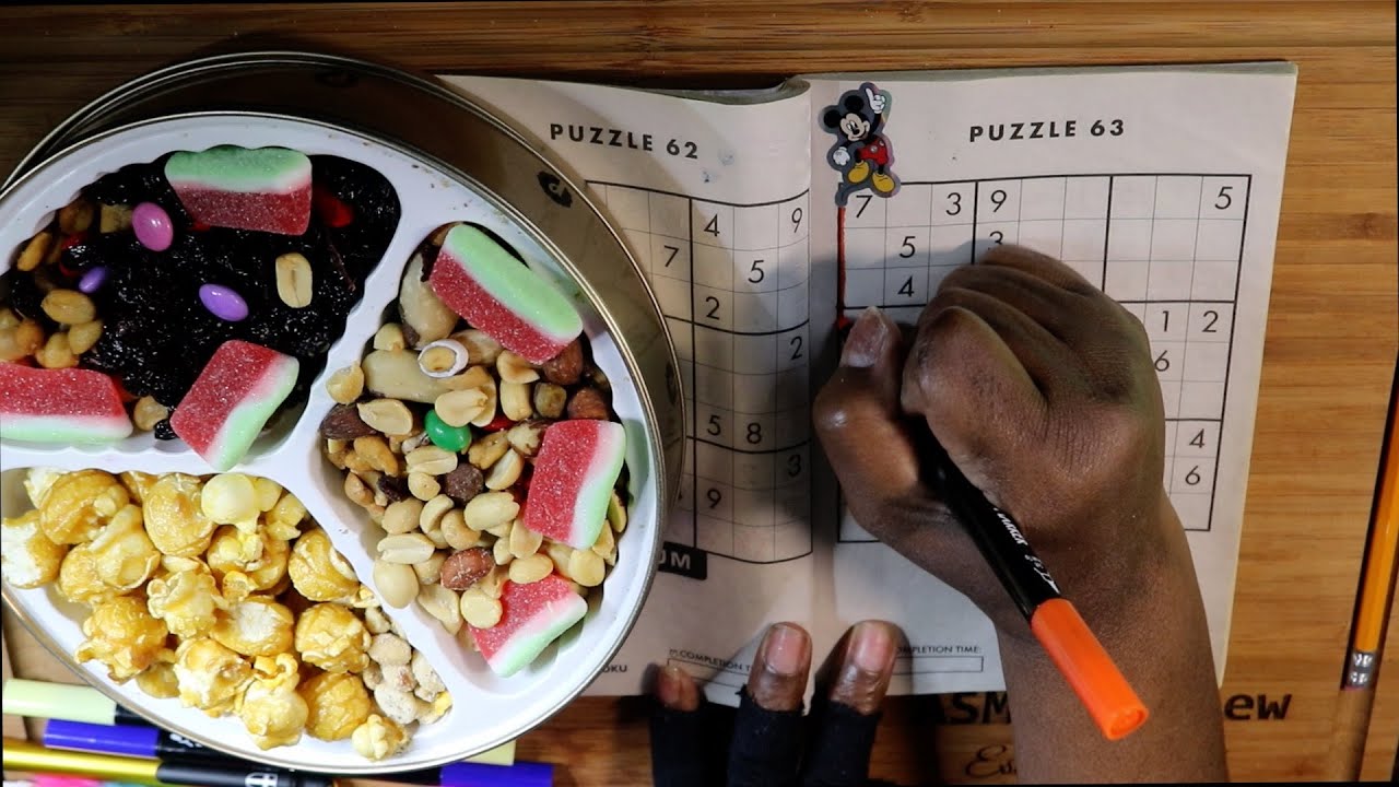 Sudoko Medium Puzzle 63 With Snack Tray Treats ASMR Eating Sounds
