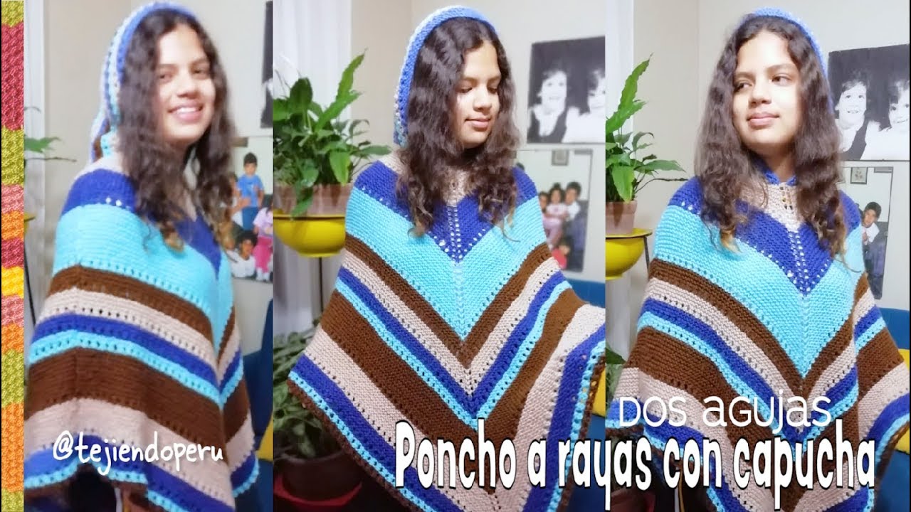 Poncho a rayas con CAPUCHA tejido a dos agujas 🥰/ Tejiendo Perú