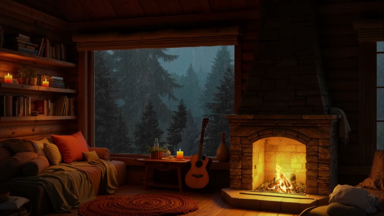 Fall Asleep Fast and Deep Relaxation | Heavy Rain on Window with Crackling Fireplace