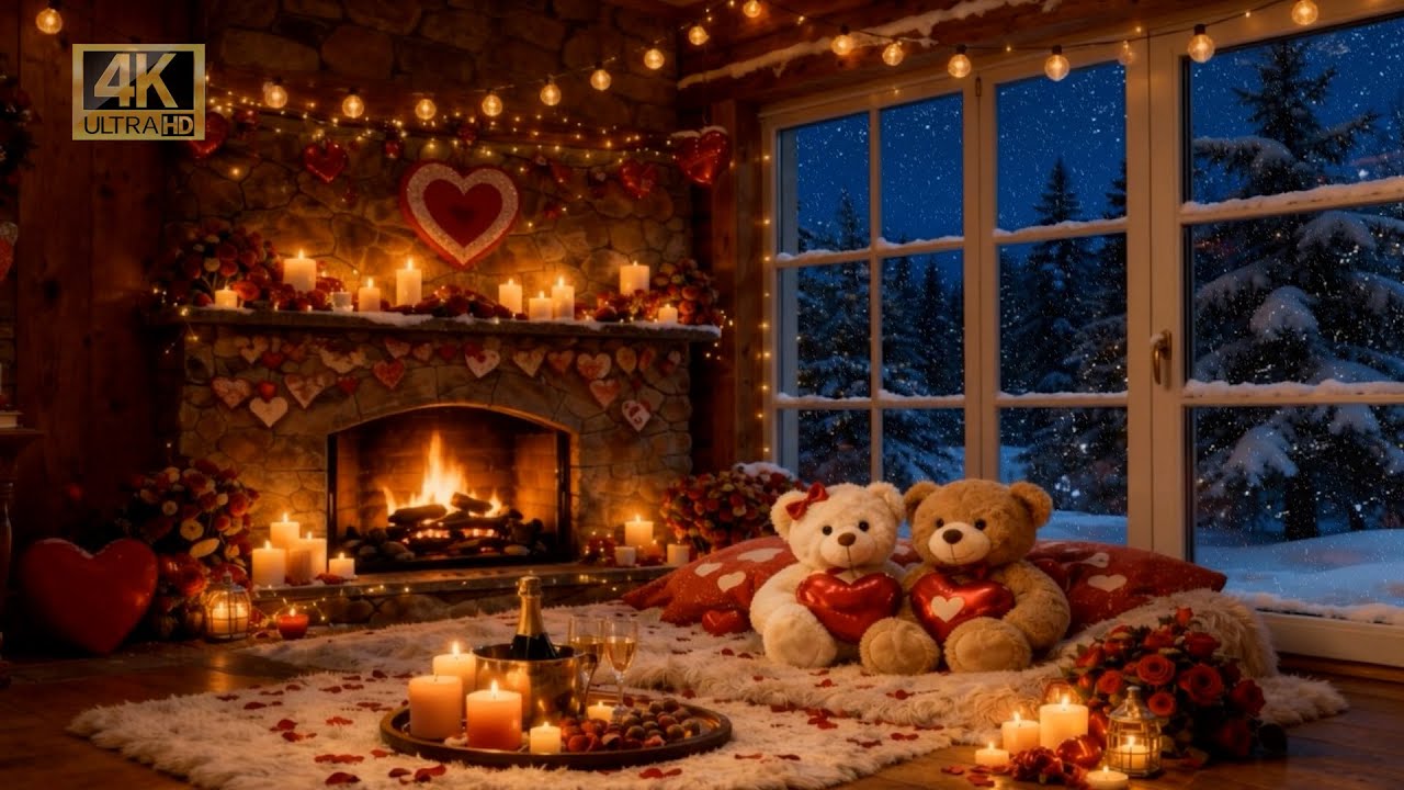 Cozy Valentine Fireplace 🔥❄️ 8 Hours • Fire & Brown Noise • Romantic Winter Cabin 4K