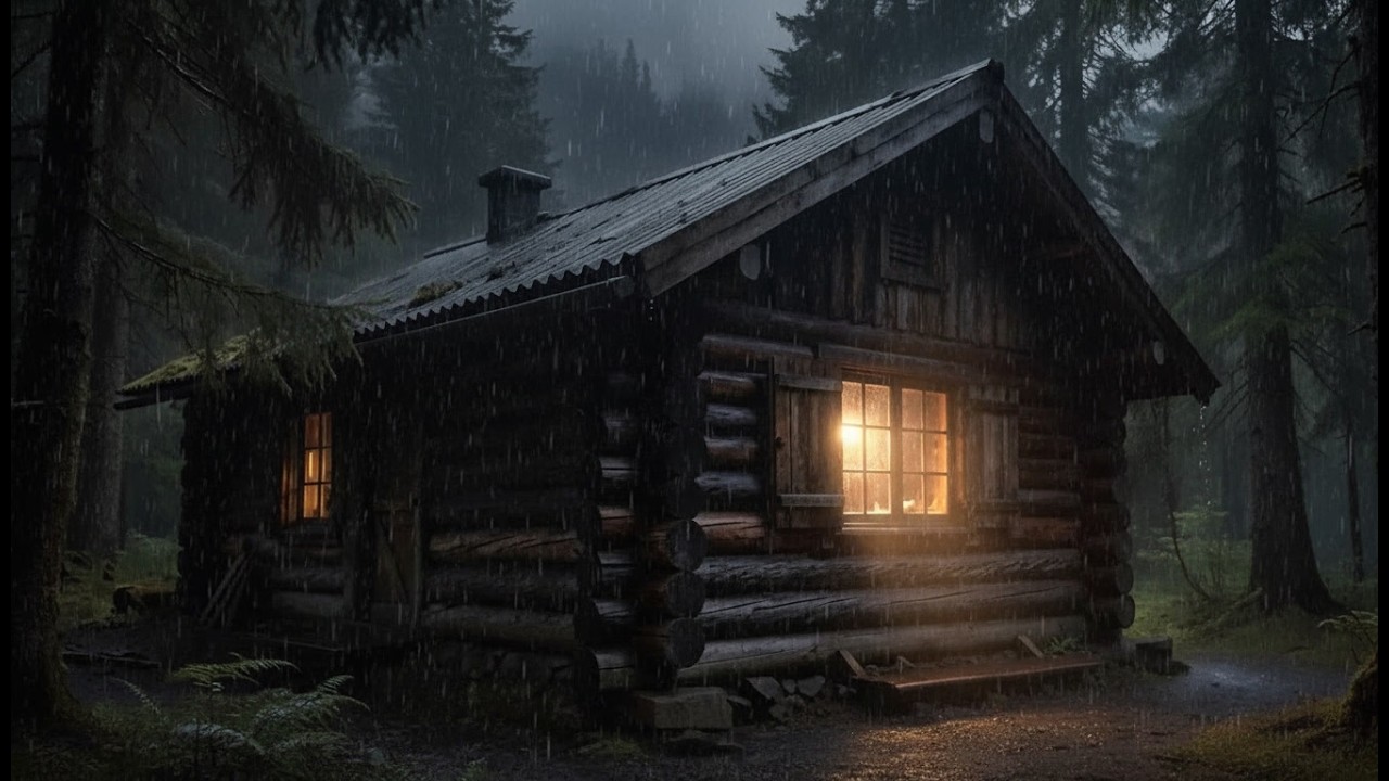 Heavy Rain on Cozy Log Cabin in the Forest at Night 🌧️ 3 Hours Dark Screen for Deep Sleep