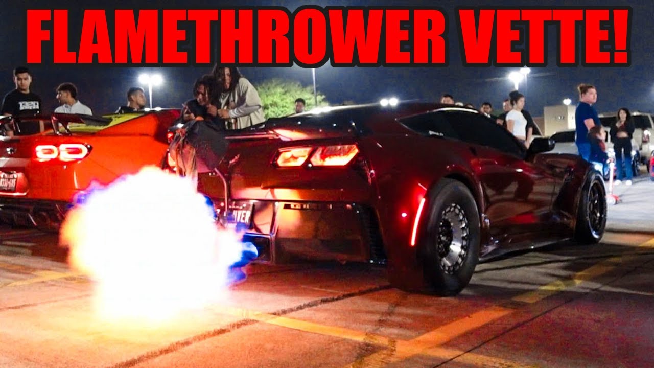INSANE CORVETTE Z06 RACECAR SHOOTS 8 FOOT FLAMES AT CAR MEET!  (CAR MEET TURNS TO CHAOS!)
