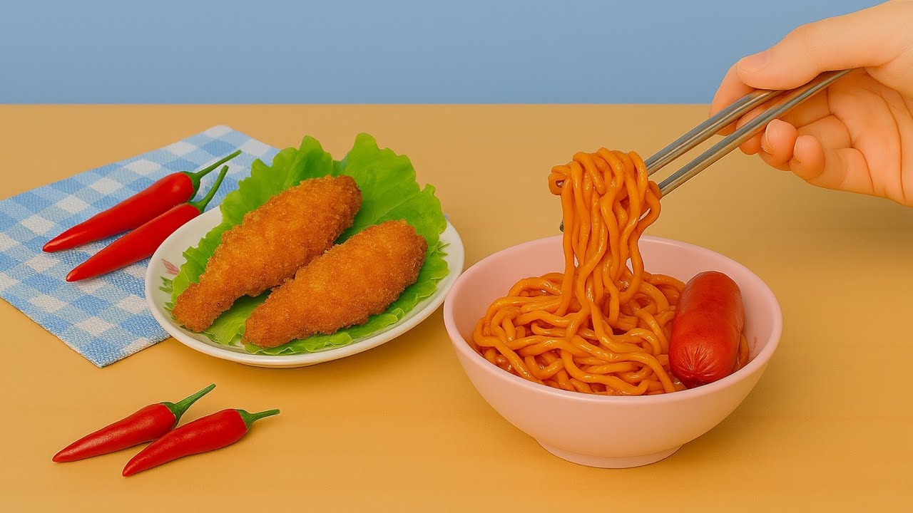 🍜 ASMR Miniature Cooking: Spicy Chili Noodles & Crunchy Drumsticks for Movie Night! 🎬