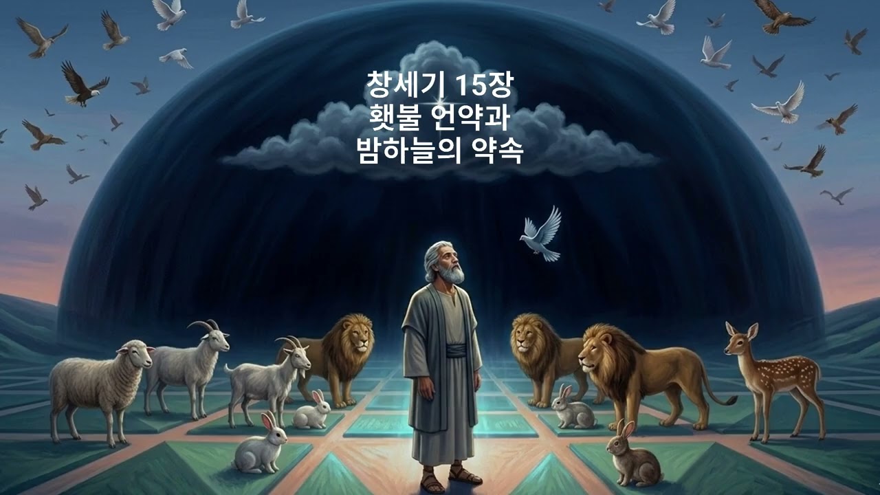 듣기 편안한 성경, 창세기 15장 하나님께서 아브람과 정식으로 '계약(언약)'을 맺으시는 장면, 고대의 독특한 관습과 밤하늘의 장엄한 이미지가 어우러져 있습니다.