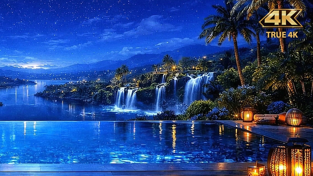 4K 🌙 Riverfall Yoga Night | Waterfall & River Ambience, Gentle Pool Sounds, Relaxing Music