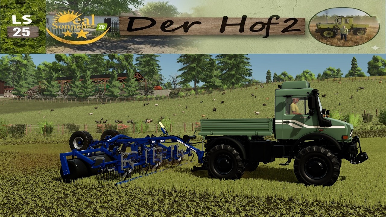 LS25 Der Hof 2  #174   Grasfelder Walzen und striegeln mit dem Unimog