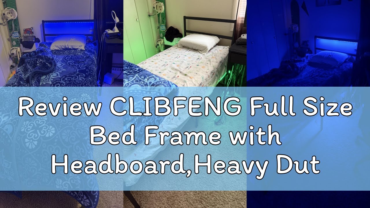 Review CLIBFENG Full Size Bed Frame with Headboard,Heavy Duty Steel Slats Support-LED Bed Frame with
