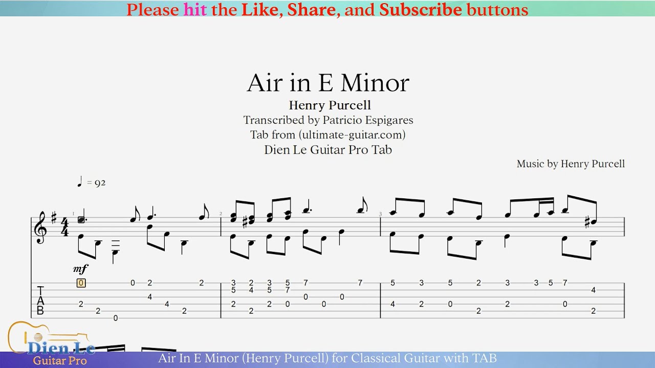 Air In E Minor (Henry Purcell) for Classical Guitar with TAB