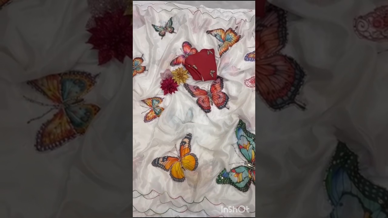 pure malai  silk saree# digital  print  butterfly  with handwork  colourfull 
