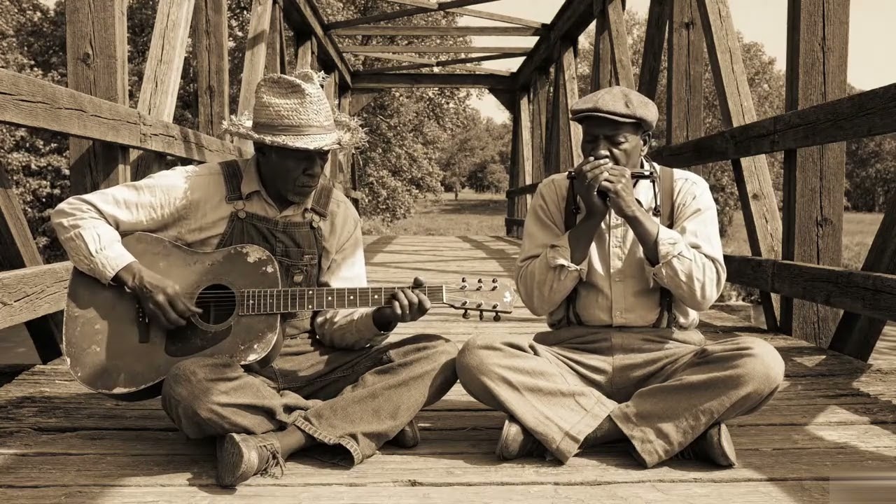 Blues Harmonica and Acoustic Guitar Session on a Quiet Delta Wooden Bridge