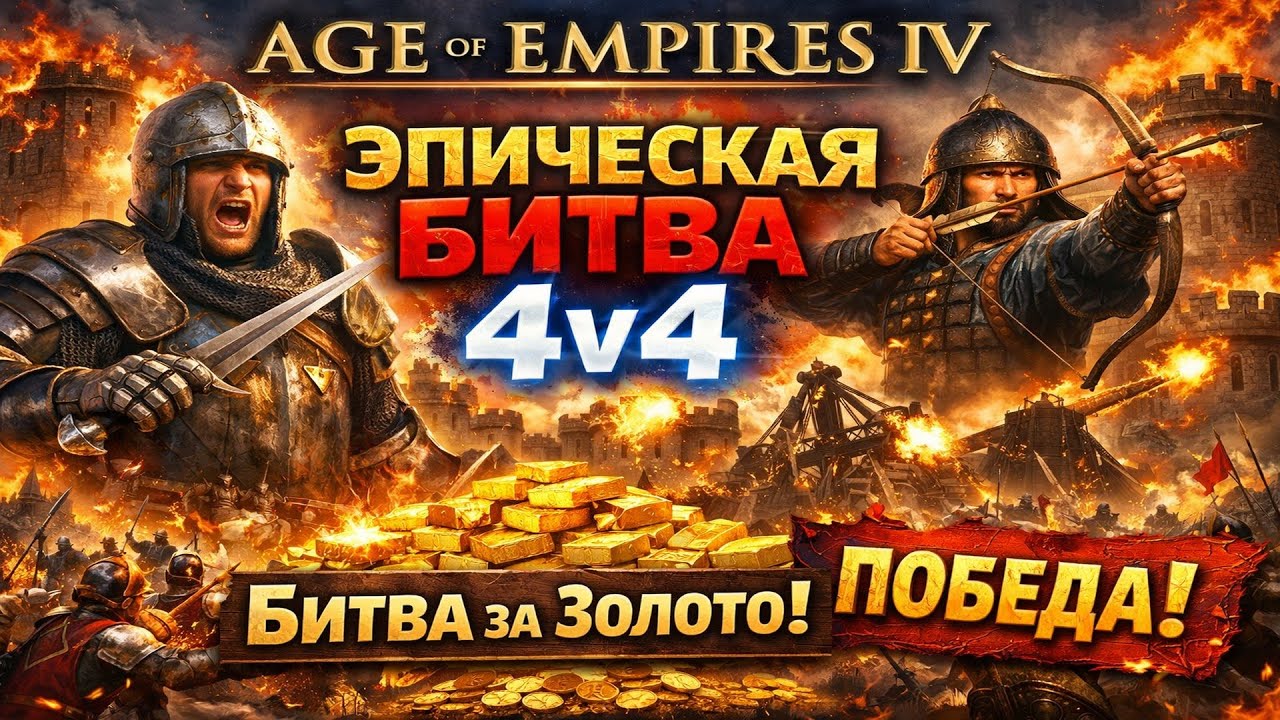 Age of Empires IV — Эпическая битва 4v4 за золото в центре | Победа после адской войны