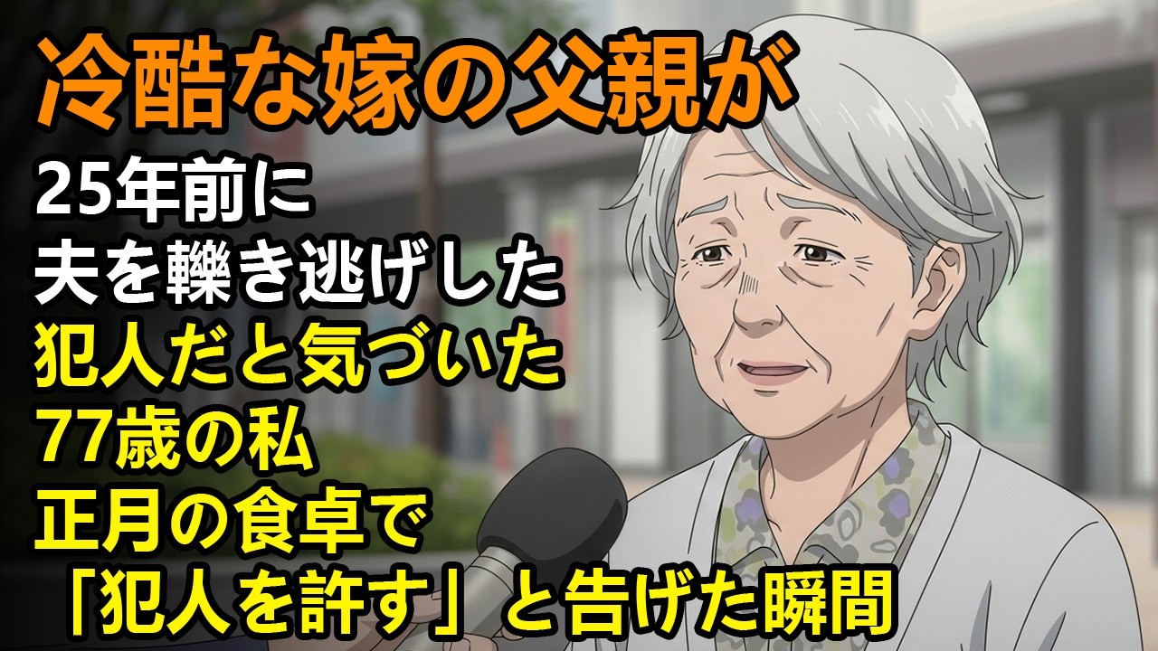冷酷な嫁の父親が25年前に夫を轢き逃げした犯人だと気づいた77歳の私。正月の食卓で「犯人を許す」と告げた瞬間、嫁が絶叫しました