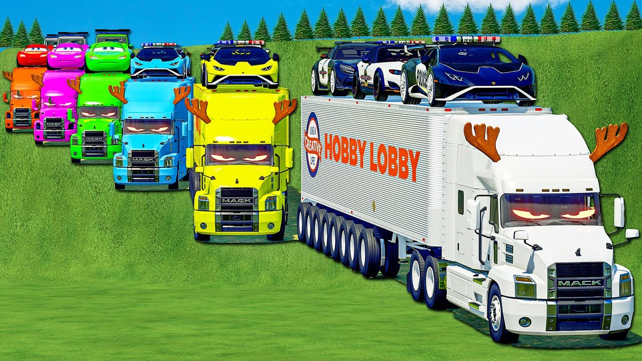 COPS TRANSPORT OF COLORS! LONG CONVOY EXAUST FLAMES COPS LAMBO, AMG POLICE & MACK TRUCKS! FS 25