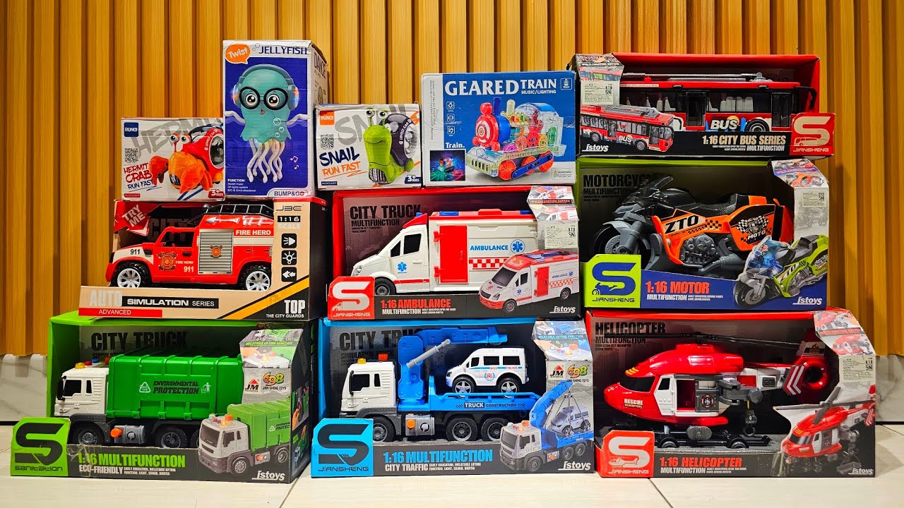 Unboxing Truk Oleng, Mobil Ambulans, Truk Pemadam, Excavator, Bajai, Helikopter, Truk Spiderman
