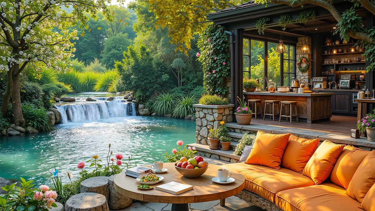 Relaxing Jazz Instrumental Music - Coffee Shop Ambience Next to the Waterfall for Summer Morning
