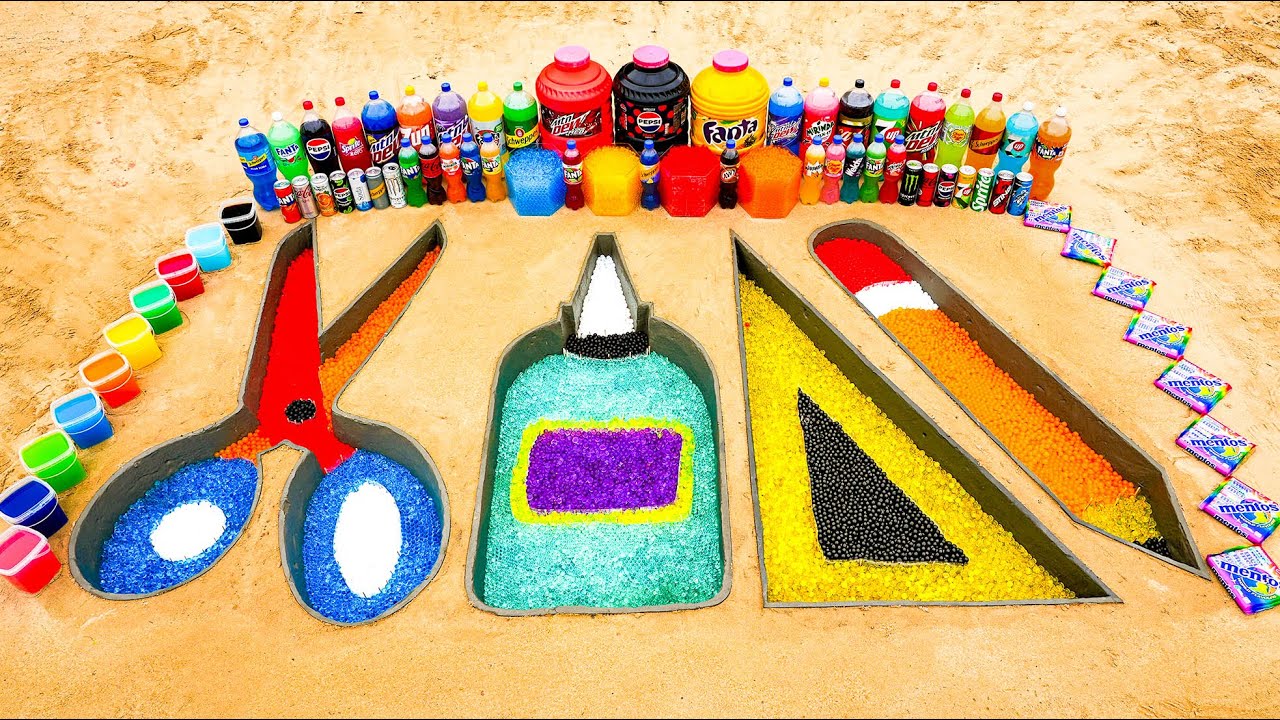 How to make School Supplies with Orbeez & Cement, Giant Fanta, Pepsi, Mtn Dew, Cola vs Mentos