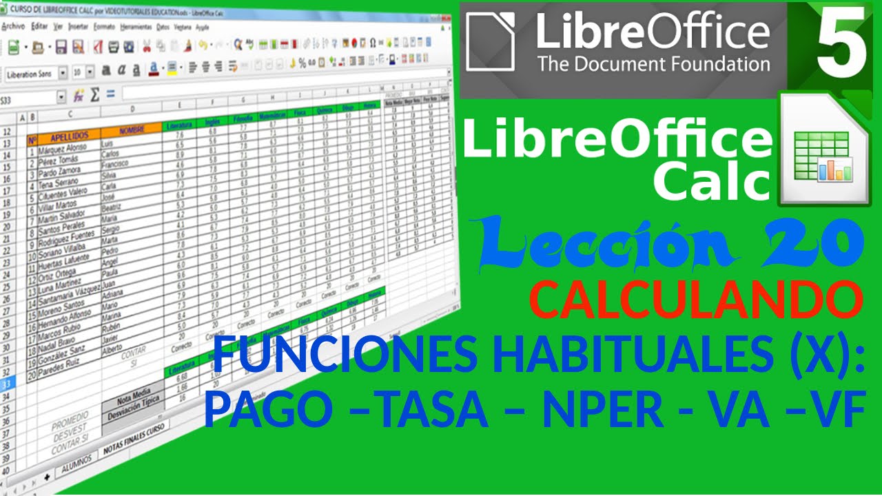 Tutorial LibreOffice Calc - 20/34 Funciones habituales (X): PAGO -TASA - NPER - VA - VF.