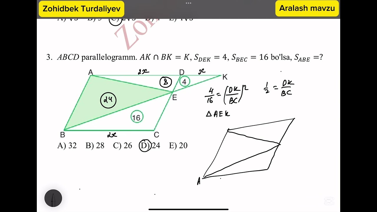 Geometriyadan test 15. Aralash mavzu.