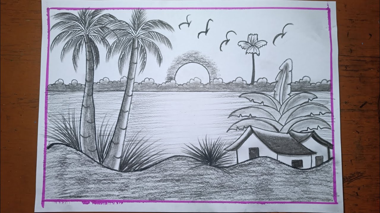 Pencil sketch scenery drawing for beginners/Village sunset nature drawing/Prakritik drishya drawing
